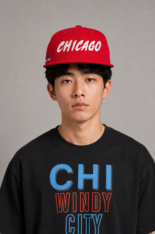 Chicago Windy City Red Embroidered Snapback Hat — front close-up Chicago model wearing red snapback with white CHICAGO embroidery and black Windy City Skyline T-shirt | City 2 City Wear