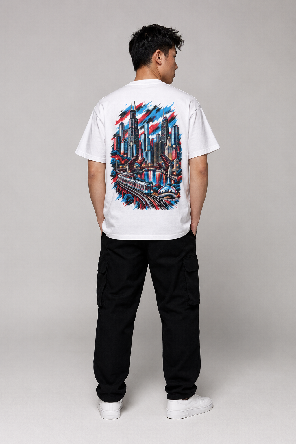 Chicago Windy City Skyline 240 GSM Heavyweight Boxy T-Shirt, White back-view full-body men’s studio model photo, Chicago | City 2 City Wear