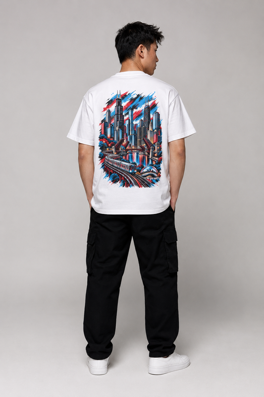 Chicago Windy City Skyline 240 GSM Heavyweight Boxy T-Shirt, White back-view full-body men’s studio model photo, Chicago | City 2 City Wear