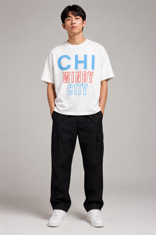 Chicago Windy City Skyline 240 GSM Heavyweight Boxy T-Shirt, White front-view full-body men’s studio model photo, Chicago | City 2 City Wear