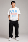 Chicago Windy City Skyline 240 GSM Heavyweight Boxy T-Shirt, White front-view full-body men’s studio model photo, Chicago | City 2 City Wear