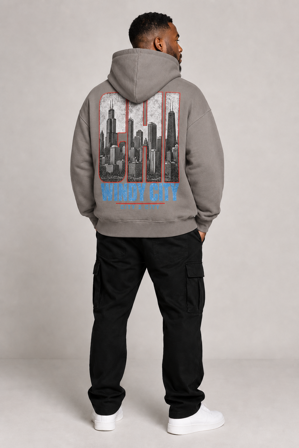 Chicago Windy City Skyline 440 GSM Oversized Hoodie, Friar Gray back-view full-body men’s studio model photo, Chicago | City 2 City Wear