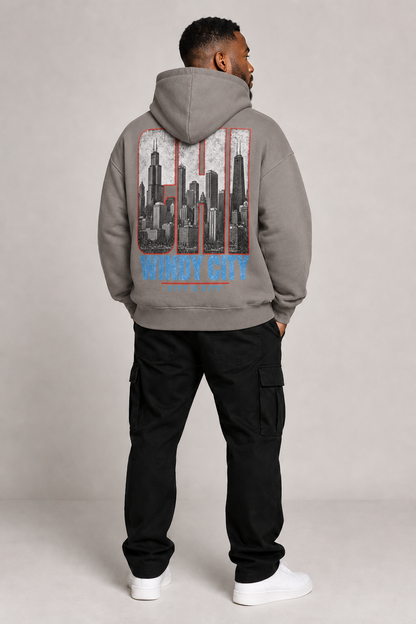 Chicago Windy City Skyline 440 GSM Oversized Hoodie, Friar Gray back-view full-body men’s studio model photo, Chicago | City 2 City Wear