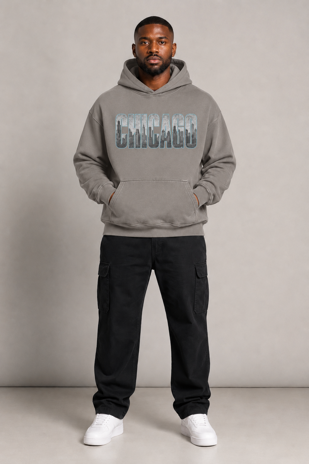 Chicago Windy City Skyline 440 GSM Oversized Hoodie, Friar Gray front-view full-body men’s studio model photo, Chicago | City 2 City Wear