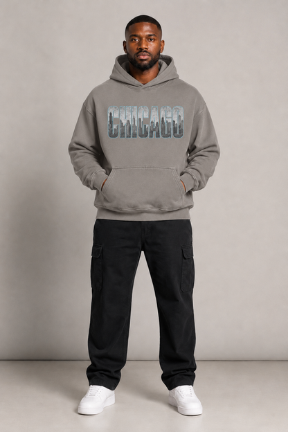 Chicago Windy City Skyline 440 GSM Oversized Hoodie, Friar Gray front-view full-body men’s studio model photo, Chicago | City 2 City Wear