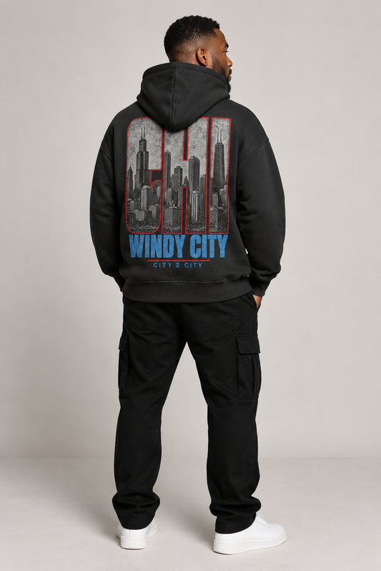 Chicago Windy City Skyline 440 GSM Oversized Hoodie, Faded Black back-view full-body men’s studio model photo, Chicago | City 2 City Wear
