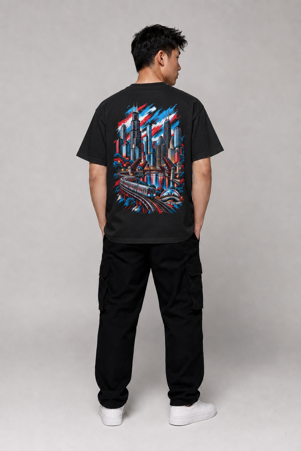 Chicago Windy City Skyline 240 GSM Heavyweight Boxy T-Shirt, Black back-view full-body men’s studio model photo, Chicago | City 2 City Wear