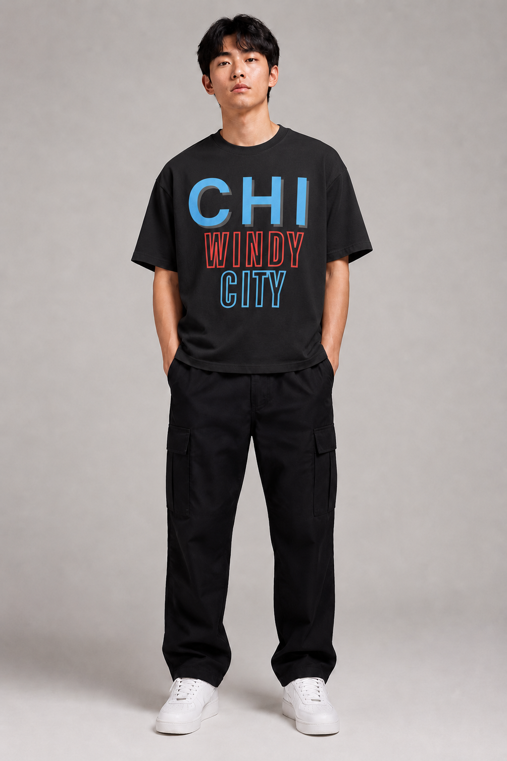 Chicago Windy City Skyline 240 GSM Heavyweight Boxy T-Shirt, Black front-view full-body men’s studio model photo, Chicago | City 2 City Wear