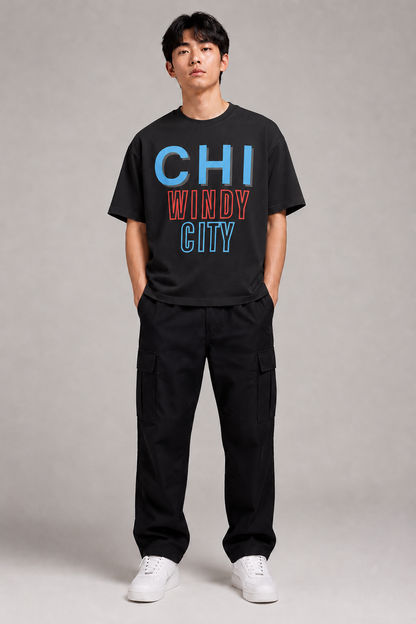 Chicago Windy City Skyline 240 GSM Heavyweight Boxy T-Shirt, Black front-view full-body men’s studio model photo, Chicago | City 2 City Wear