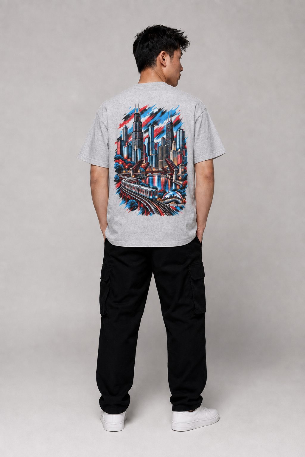 Chicago Windy City Skyline 240 GSM Heavyweight Boxy T-Shirt, Heather Gray back-view full-body men’s studio model photo, Chicago | City 2 City Wear