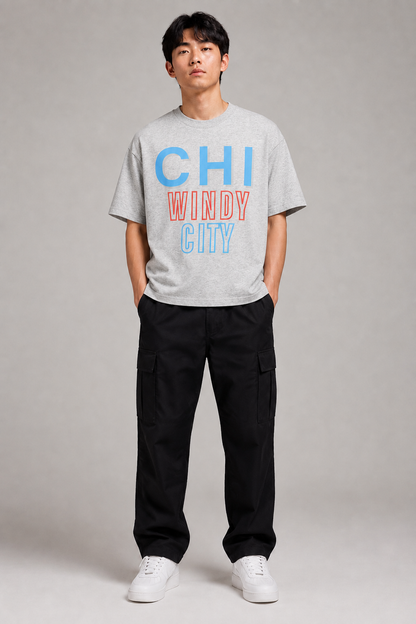 Chicago Windy City Skyline 240 GSM Heavyweight Boxy T-Shirt, Heather Gray front-view full-body men’s studio model photo, Chicago | City 2 City Wear