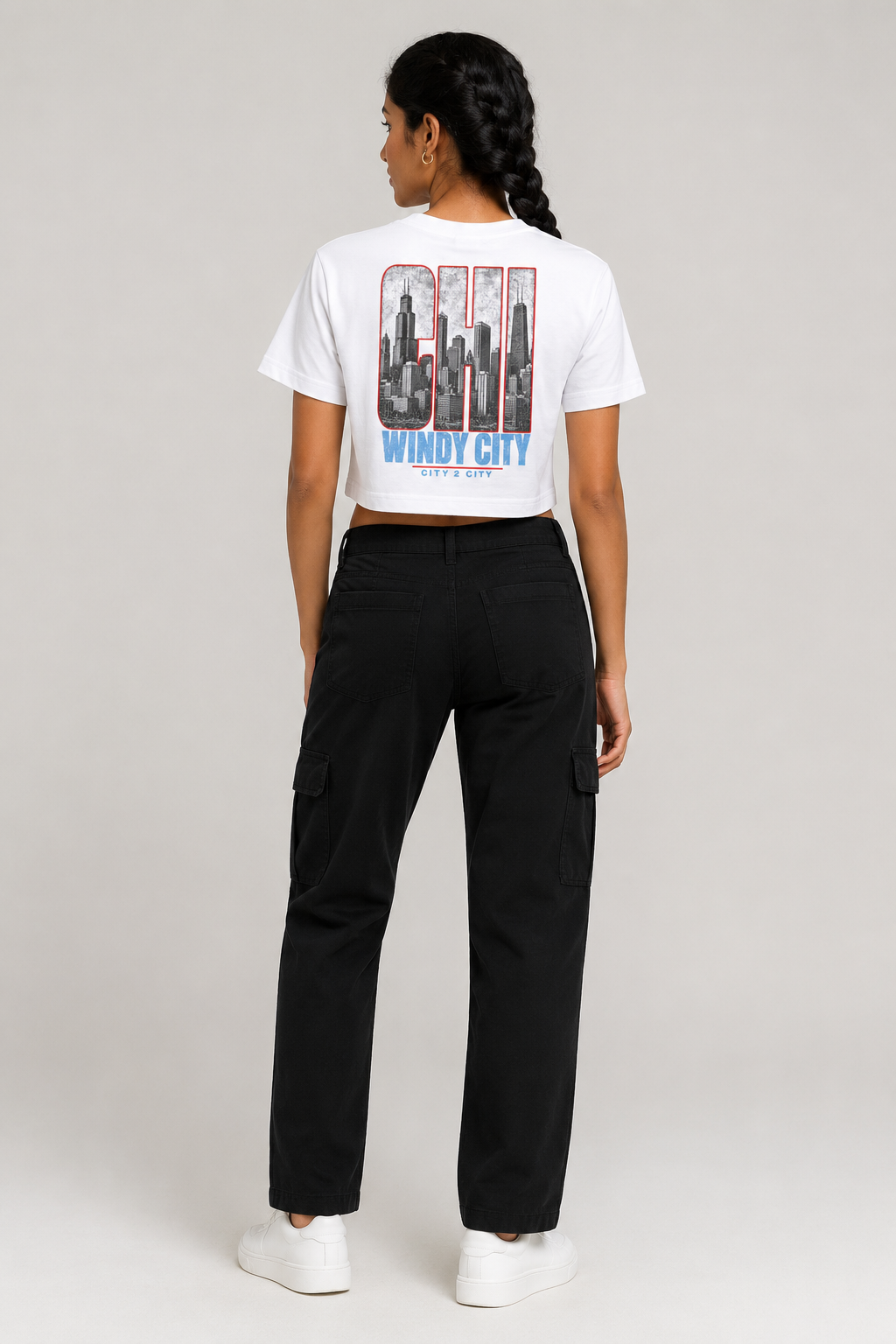 Chicago Windy City Skyline Women’s Crop T-Shirt, White back-view full-body women’s studio model photo, Chicago | City 2 City Wear
