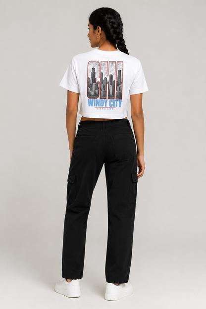 Chicago Windy City Skyline Women’s Crop T-Shirt, White back-view full-body women’s studio model photo, Chicago | City 2 City Wear