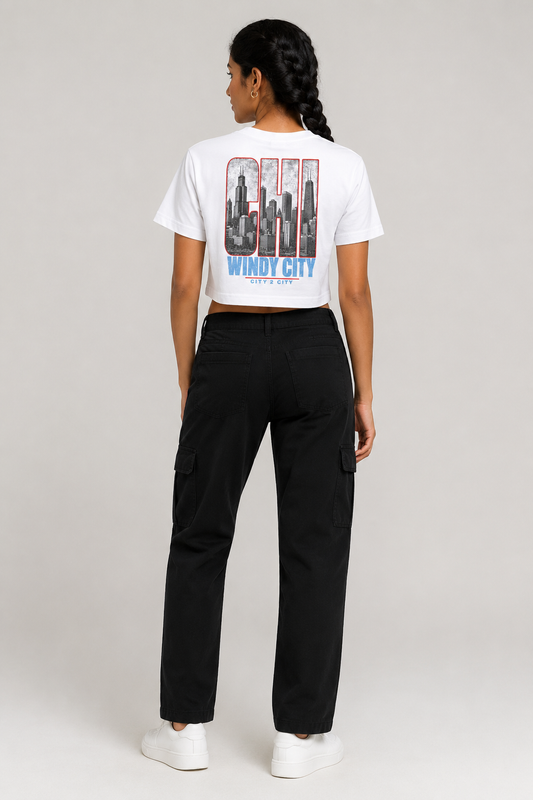 Chicago Windy City Skyline Women’s Crop T-Shirt, White back-view full-body women’s studio model photo, Chicago | City 2 City Wear