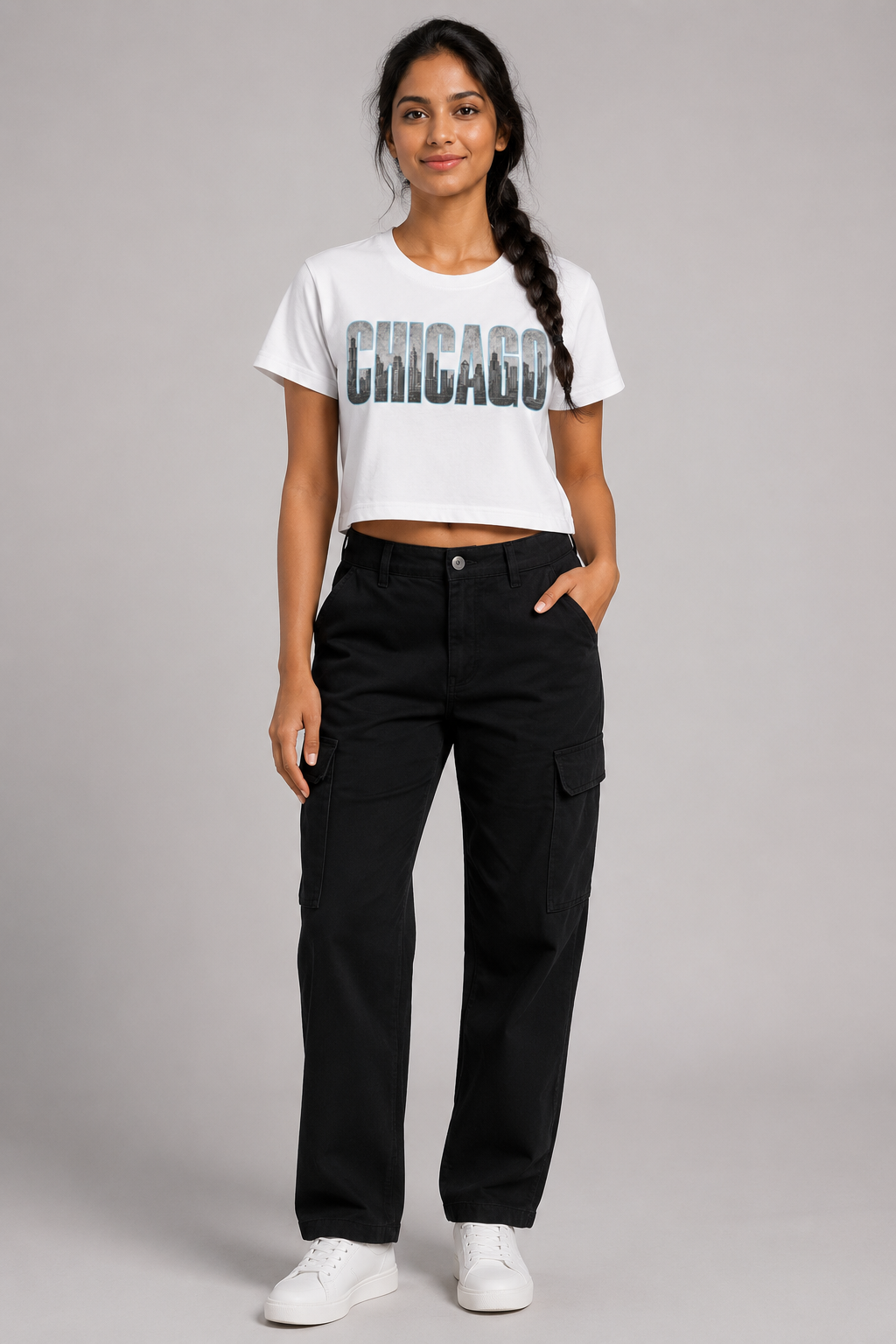 Chicago Windy City Skyline Women’s Crop T-Shirt, White front-view full-body women’s studio model photo, Chicago | City 2 City Wear