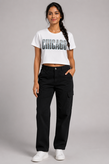 Chicago Windy City Skyline Women’s Crop T-Shirt, White front-view full-body women’s studio model photo, Chicago | City 2 City Wear