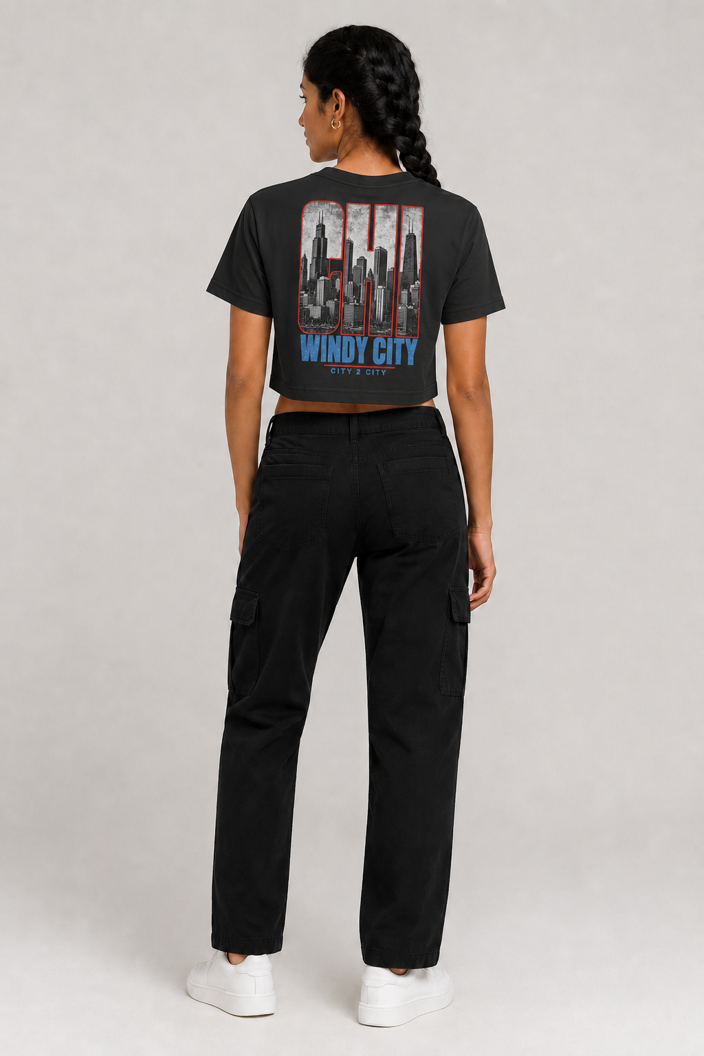 Chicago Windy City Skyline Women’s Crop T-Shirt, Black back-view full-body women’s studio model photo, Chicago | City 2 City Wear