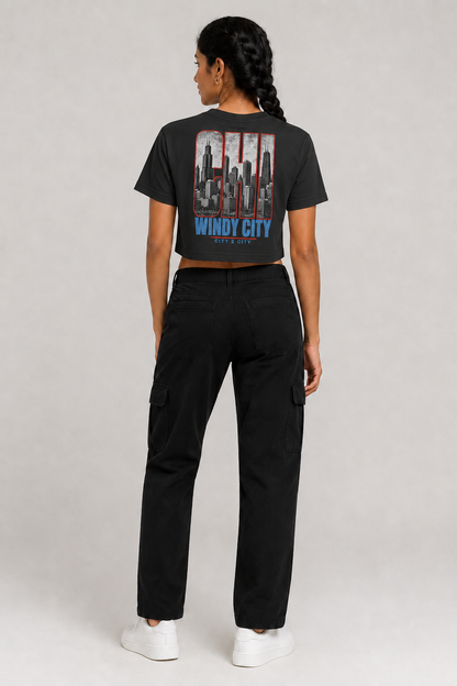 Chicago Windy City Skyline Women’s Crop T-Shirt, Black back-view full-body women’s studio model photo, Chicago | City 2 City Wear