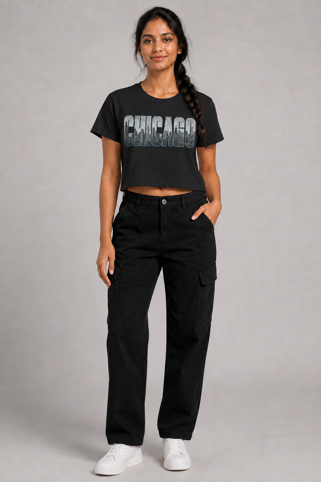 Chicago Windy City Skyline Women’s Crop T-Shirt, Black front-view full-body women’s studio model photo, Chicago | City 2 City Wear