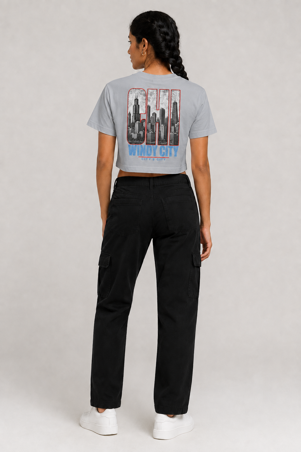 Chicago Windy City Skyline Women’s Crop T-Shirt, Light Gray back-view full-body women’s studio model photo, Chicago | City 2 City Wear