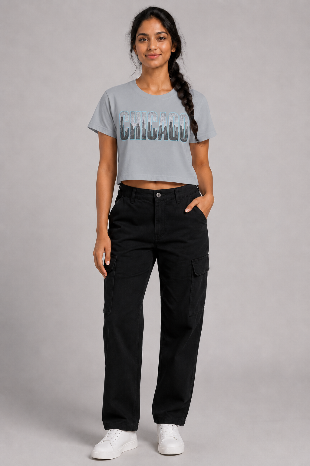 Chicago Windy City Skyline Women’s Crop T-Shirt, Light Gray front-view full-body women’s studio model photo, Chicago | City 2 City Wear
