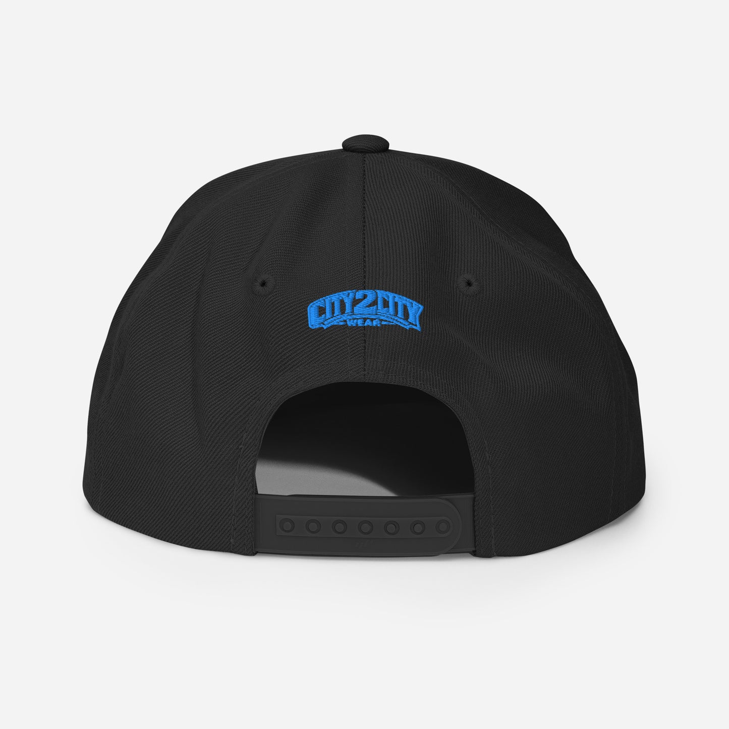 Back view of a black Miami snapback with an adjustable closure and electric-blue City 2 City Wear logo embroidery.