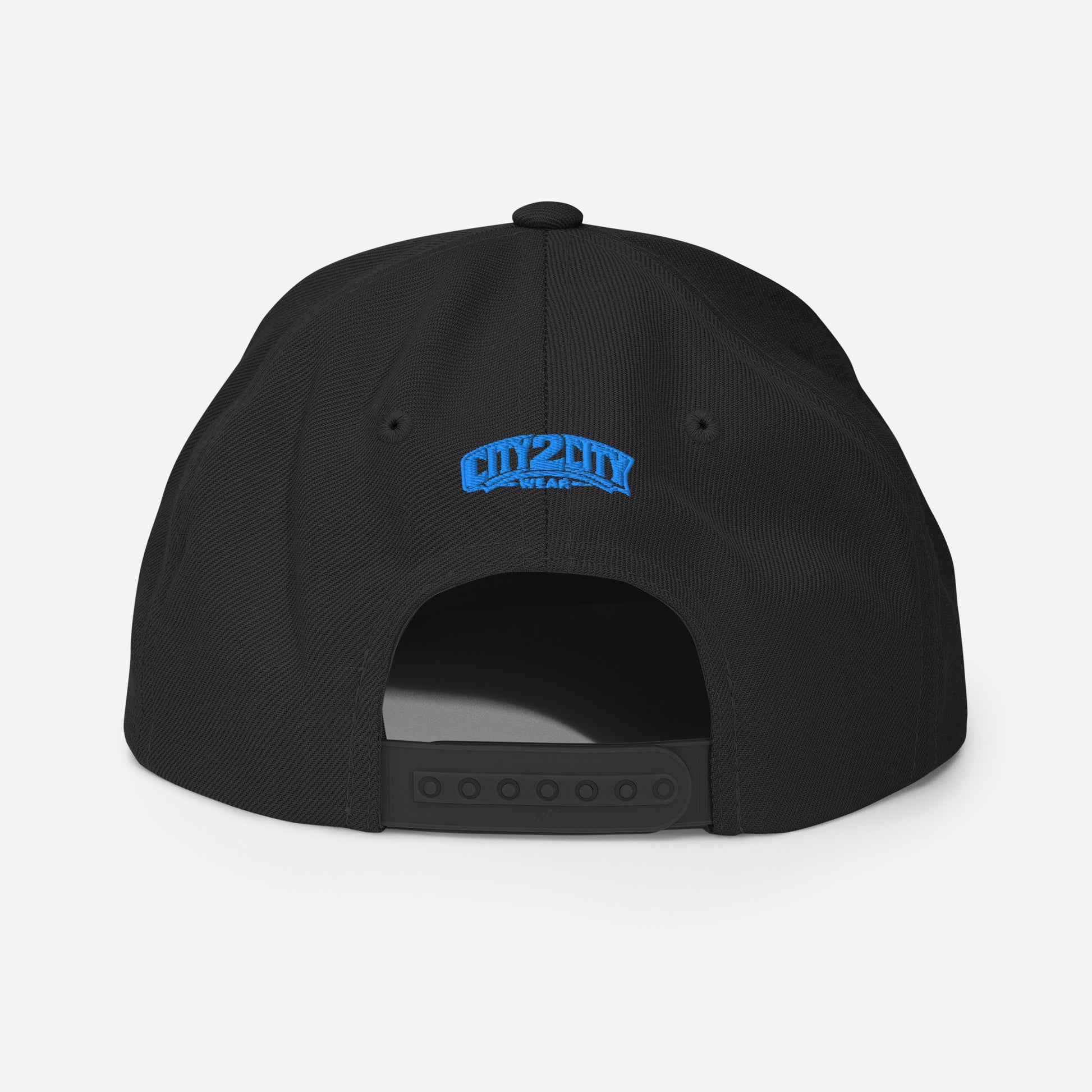 Back view of a black Miami snapback with an adjustable closure and electric-blue City 2 City Wear logo embroidery.