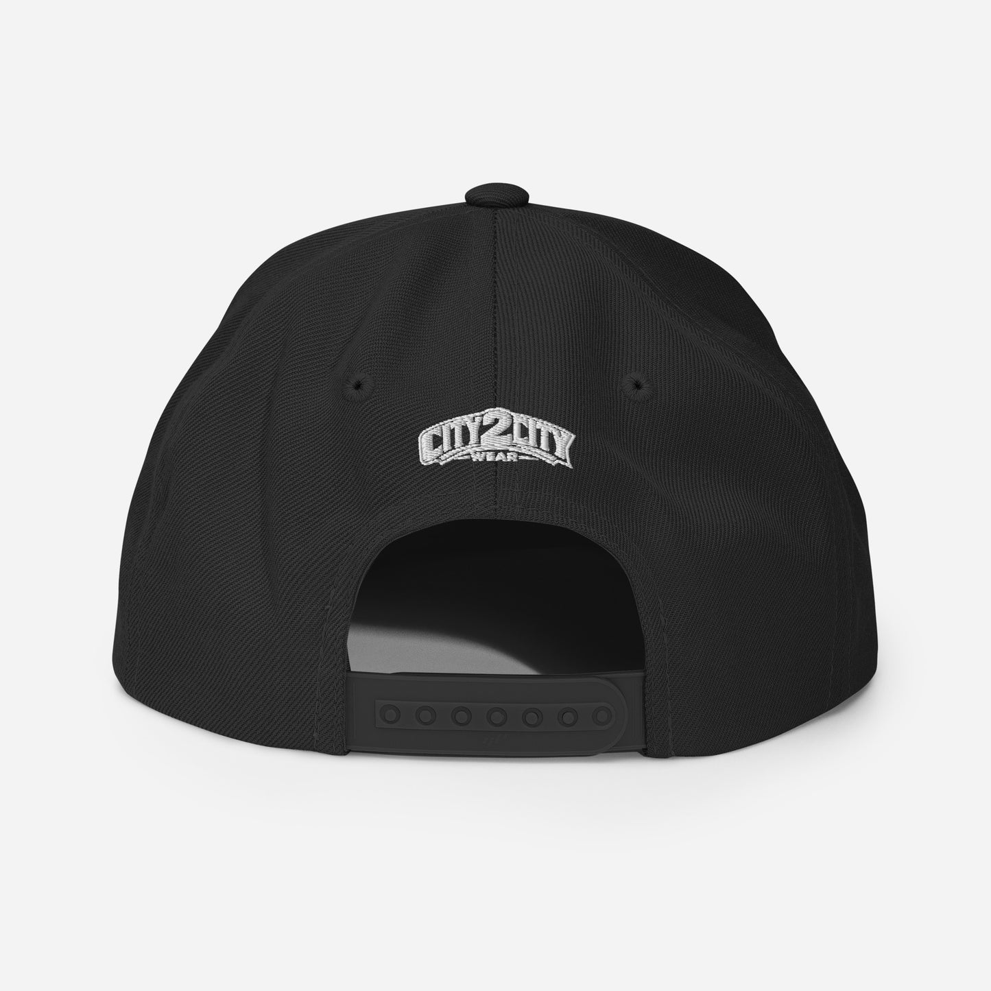 Back view of a black NYC snapback with an adjustable closure and white City 2 City Wear logo embroidery.