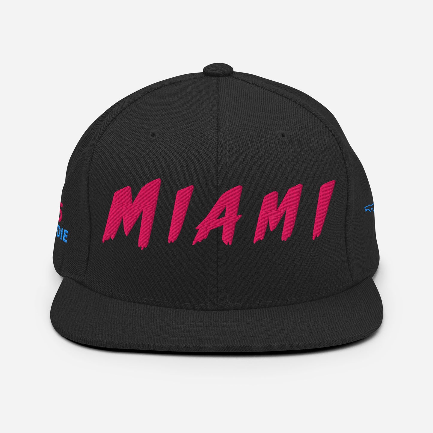 Front view of a black snapback hat featuring large hot-pink embroidered MIAMI lettering.