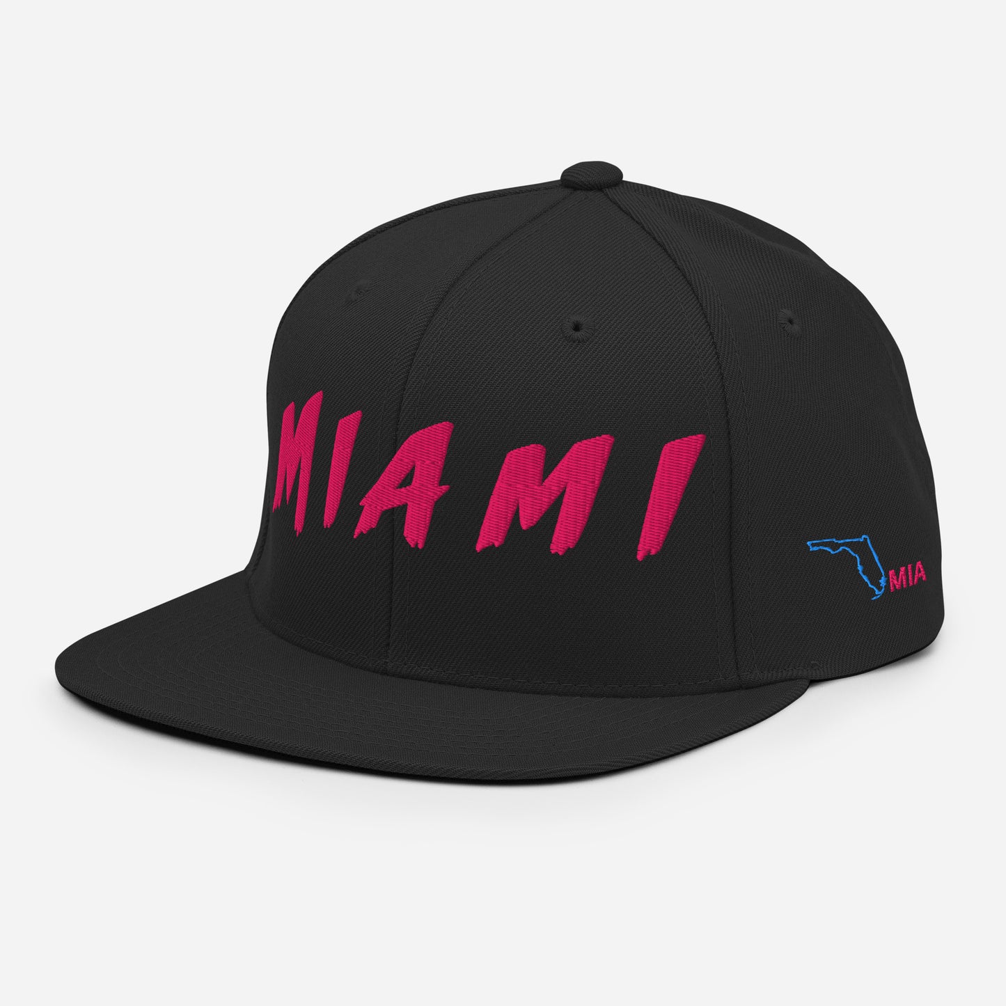 Front view of a black snapback hat featuring large hot-pink embroidered MIAMI lettering