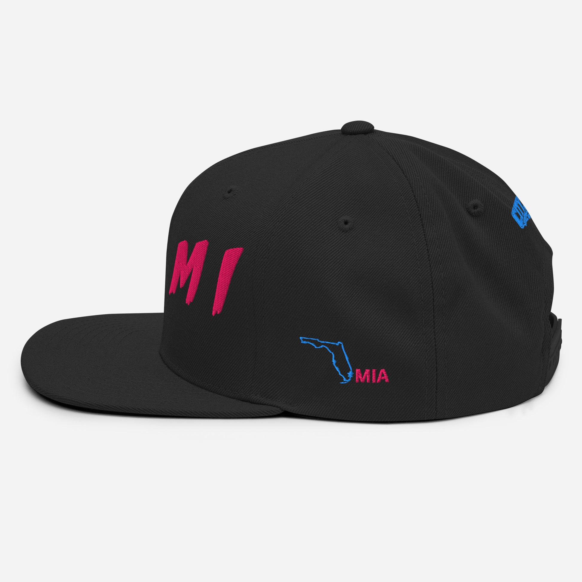 Side view of a black Miami snapback featuring embroidered 305 TILL I DIE lettering in hot pink and electric blue.