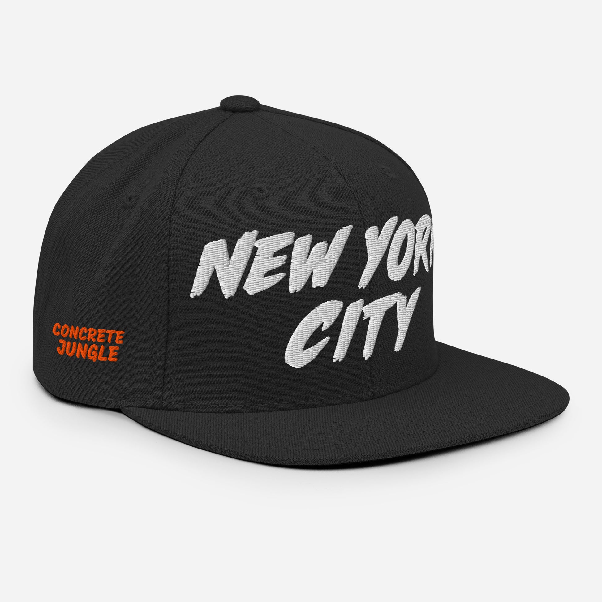 Front view of a black snapback hat featuring large white embroidered NEW YORK CITY lettering.