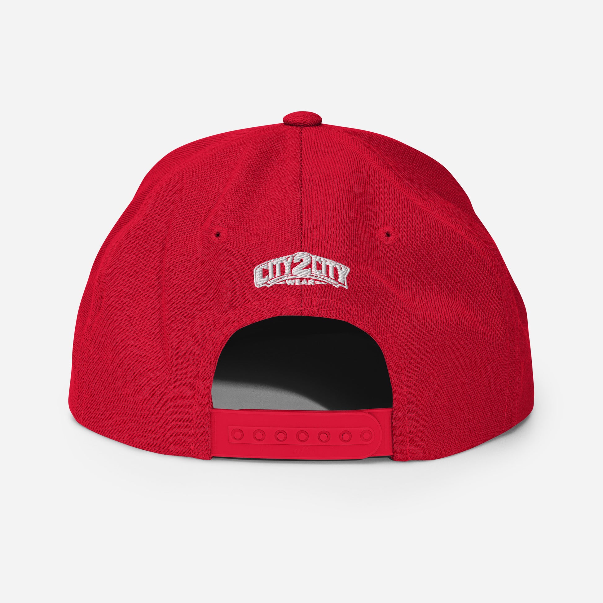 Back view of a red Atlanta snapback with an adjustable closure and white City 2 City Wear logo embroidery.