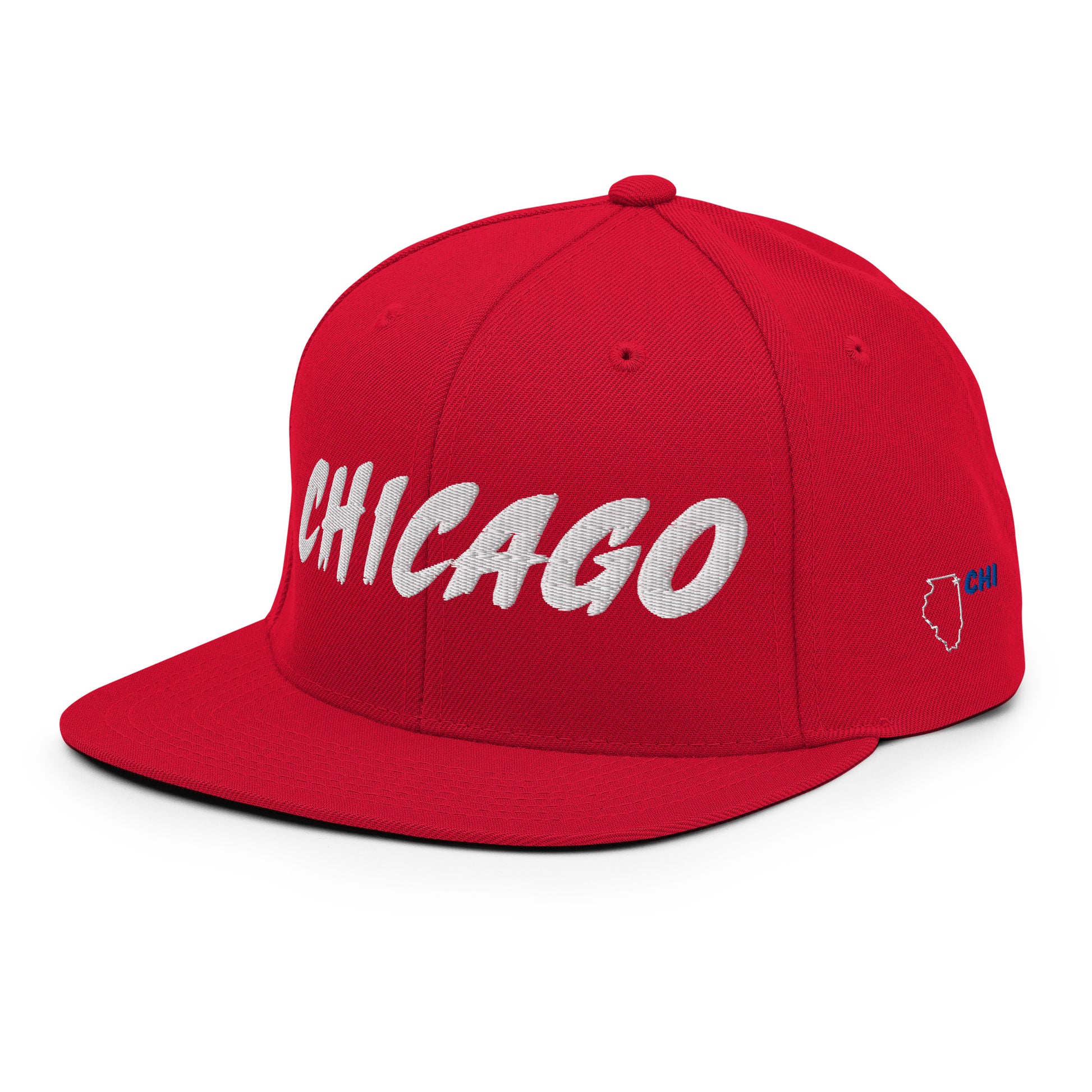 Red Chicago Windy City embroidered snapback hat with blue-and-white streetwear details – angled view