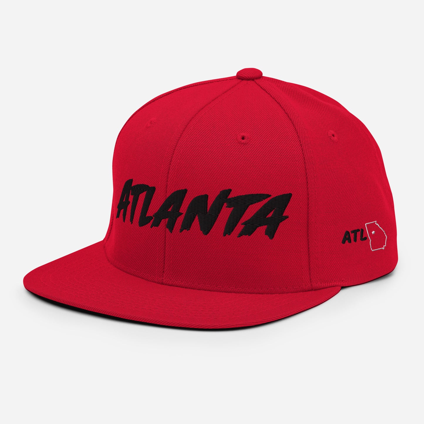 Side view of a red Atlanta snapback featuring black ATL lettering and a white Georgia outline with a star.