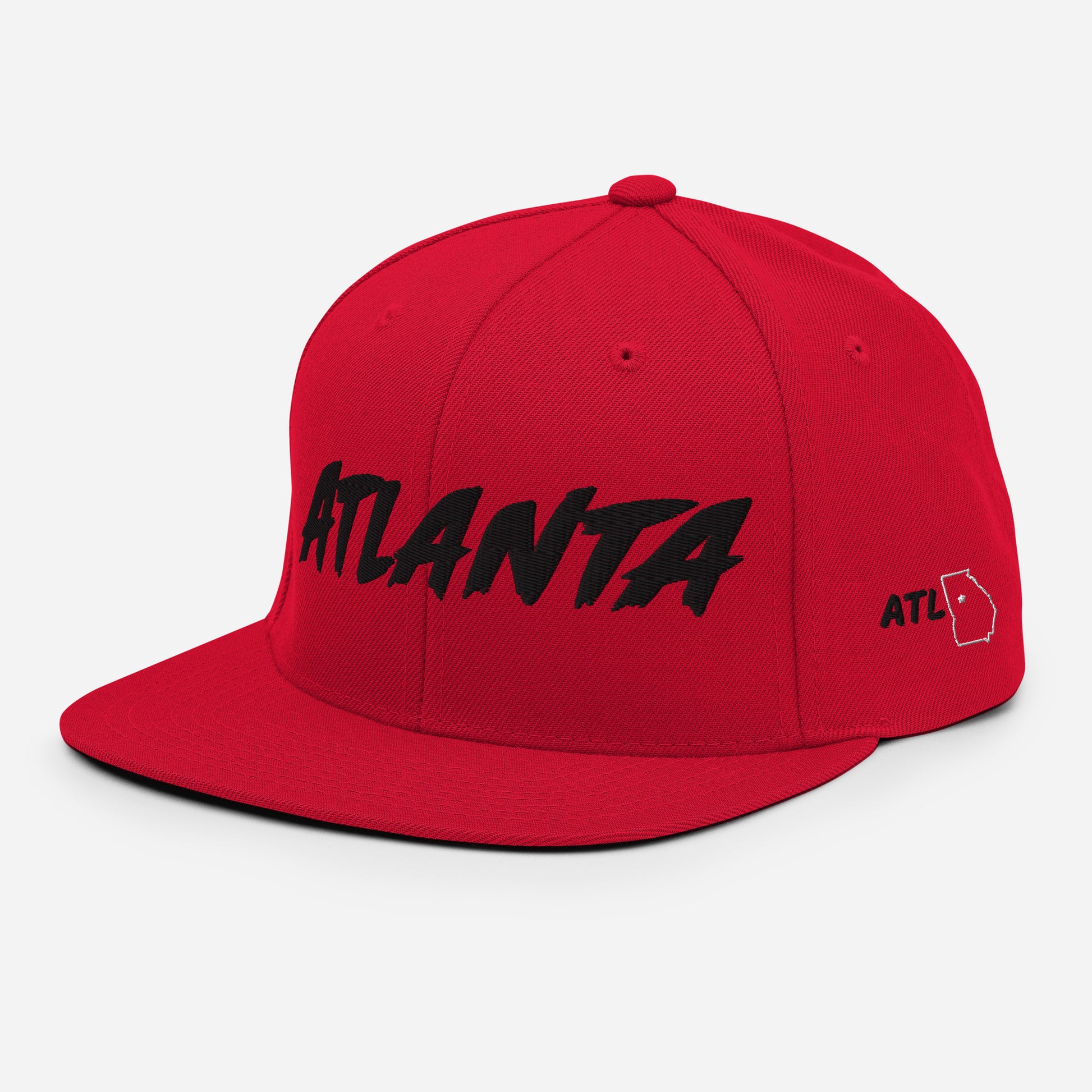 Side view of a red Atlanta snapback featuring black ATL lettering and a white Georgia outline with a star.