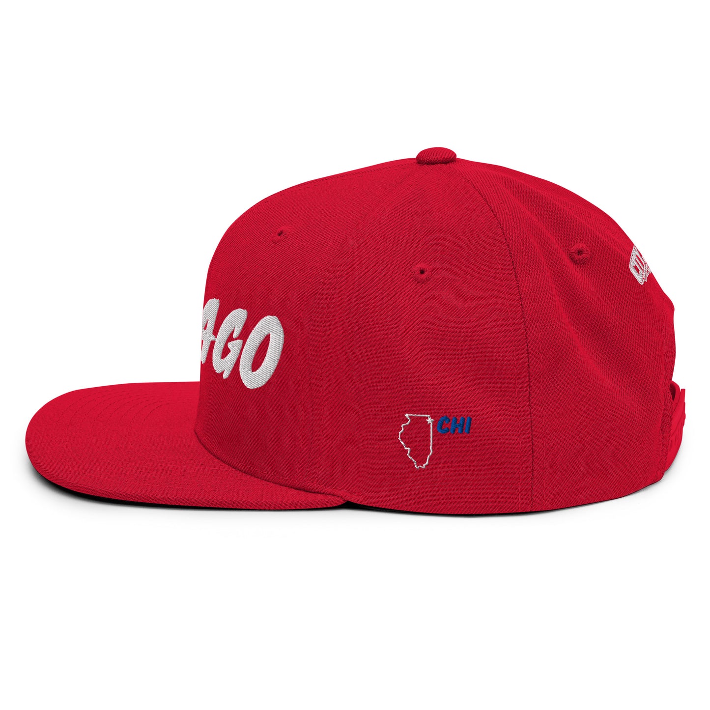 Side view of a red Chicago snapback featuring embroidered WINDY CITY and CHI-TOWN lettering.