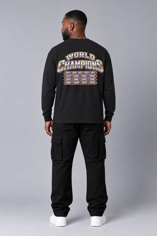 Los Angeles 17-Time City Champions black 220 GSM long-sleeve T-shirt on male model – full-body back view | City 2 City Wear