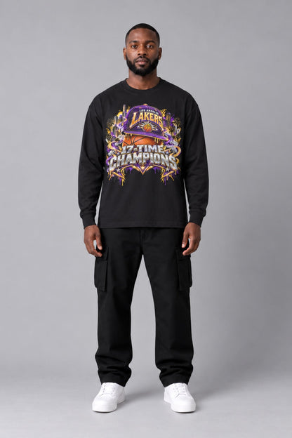 Los Angeles 17-Time City Champions black 220 GSM long-sleeve T-shirt on male model – full-body front view | City 2 City Wear