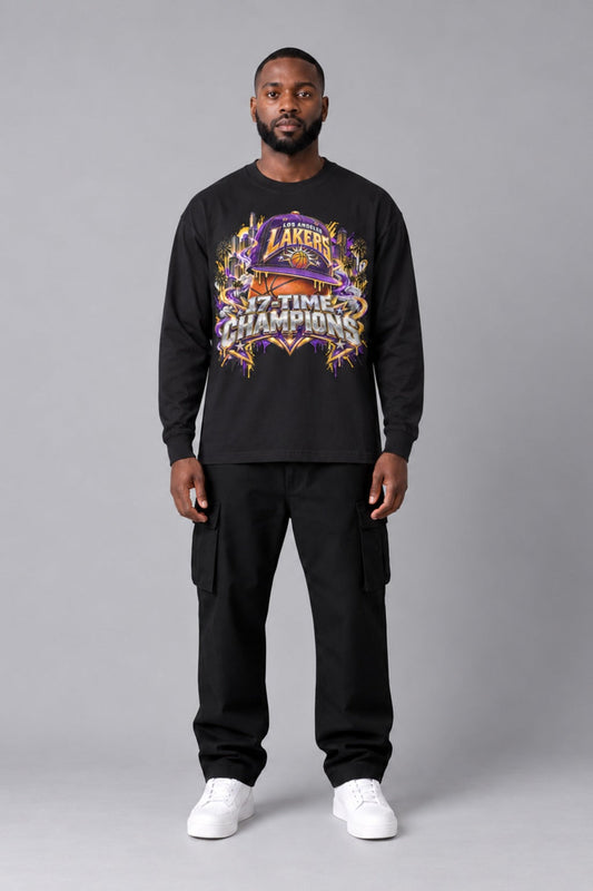 Los Angeles 17-Time City Champions black 220 GSM long-sleeve T-shirt on male model – full-body front view | City 2 City Wear