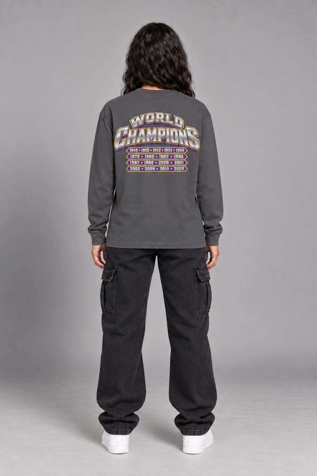 Los Angeles 17-Time City Champions dark gray 220 GSM long-sleeve T-shirt on female model – full-body back view | City 2 City Wear
