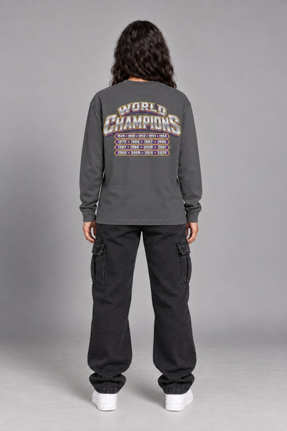 Los Angeles 17-Time City Champions dark gray 220 GSM long-sleeve T-shirt on female model – full-body back view | City 2 City Wear