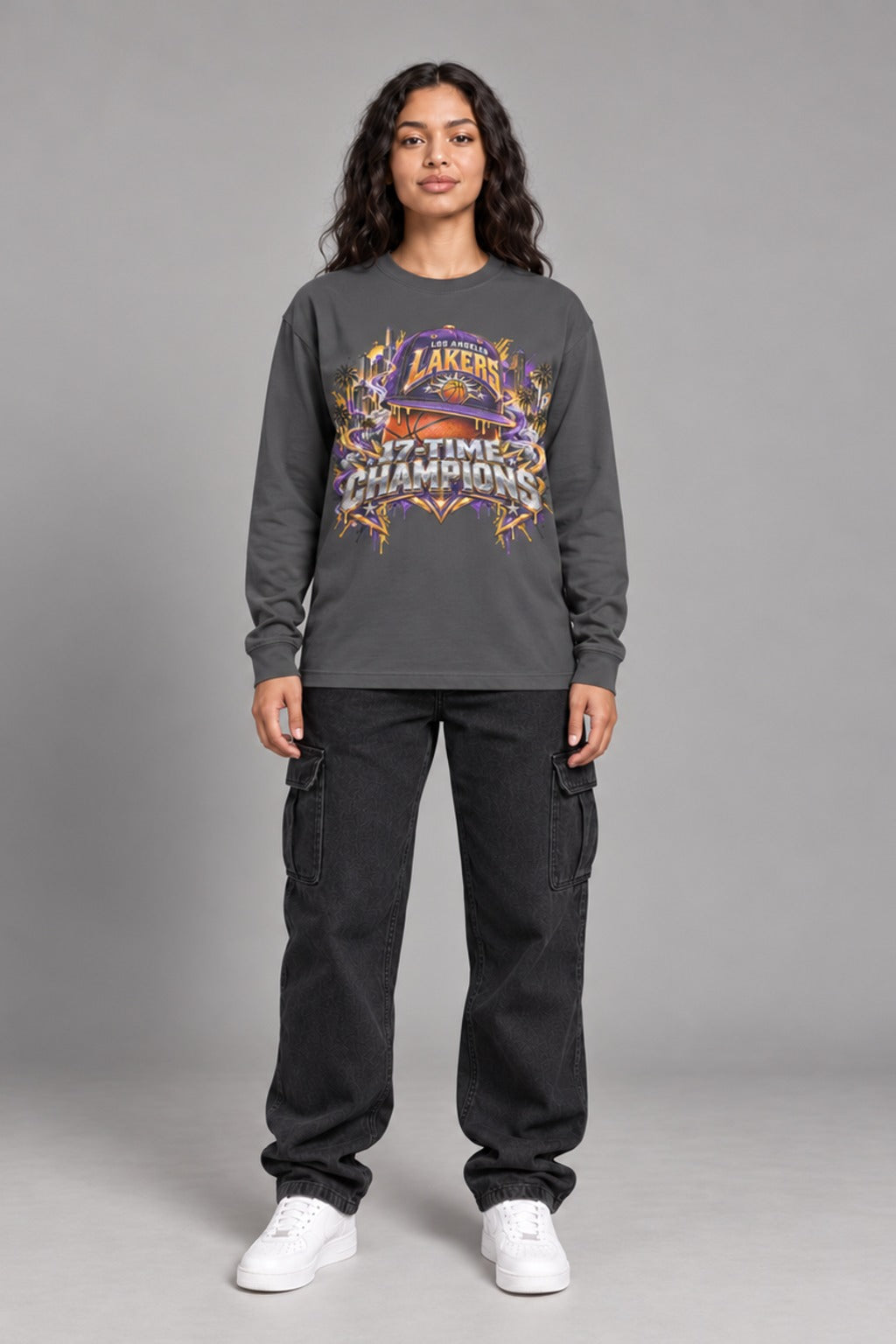 Los Angeles 17-Time City Champions dark gray 220 GSM long-sleeve T-shirt on female model – full-body front view | City 2 City Wear