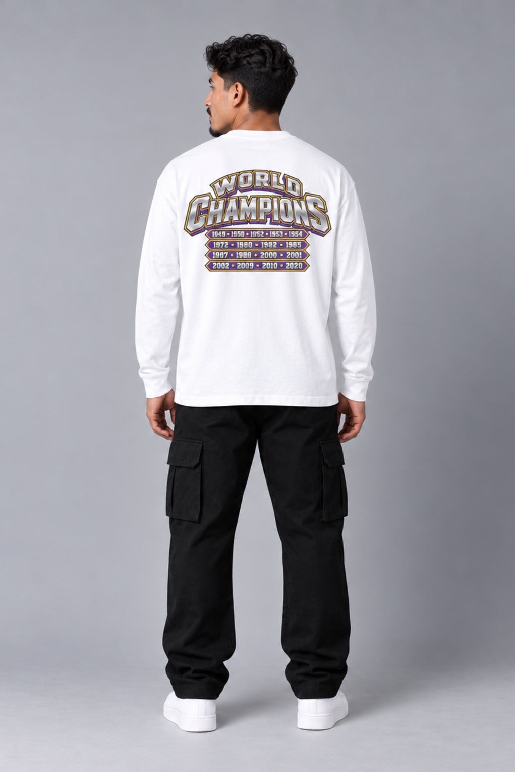 Los Angeles 17-Time City Champions white 220 GSM long-sleeve T-shirt on male model – full-body back view | City 2 City Wear