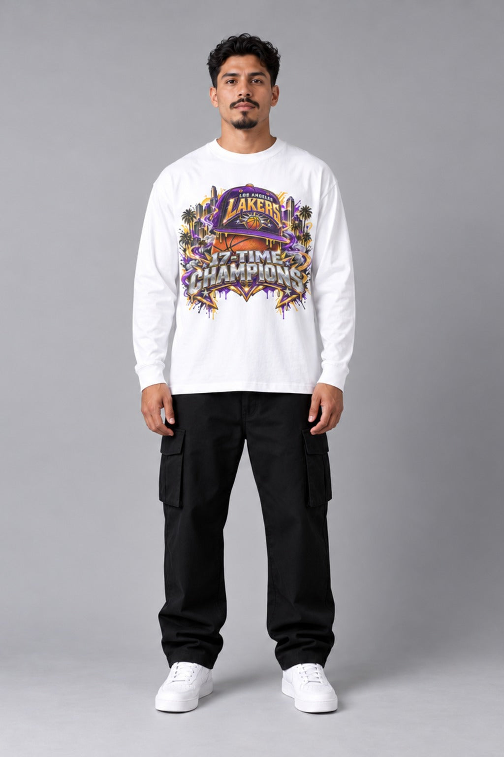 Los Angeles 17-Time City Champions white 220 GSM long-sleeve T-shirt on male model – full-body front view | City 2 City Wear