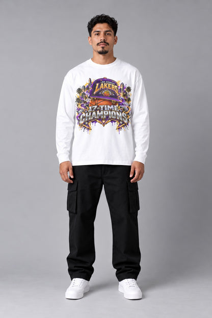 Los Angeles 17-Time City Champions white 220 GSM long-sleeve T-shirt on male model – full-body front view | City 2 City Wear