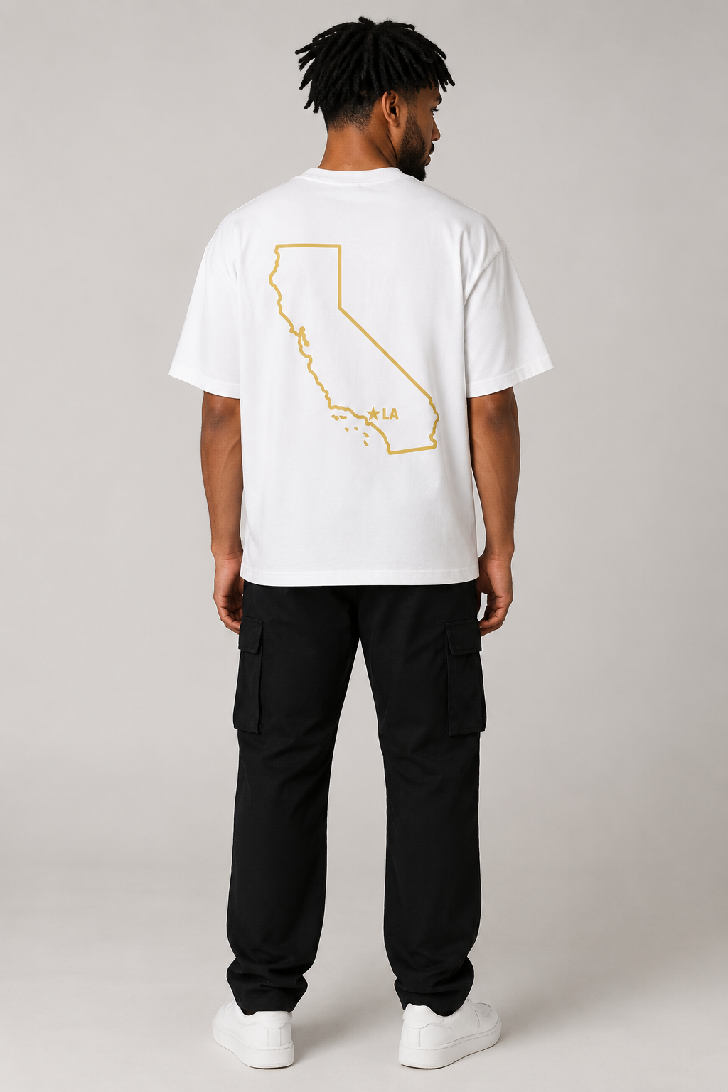 Los Angeles 1781 Heritage 240 GSM Heavyweight Boxy T-Shirt, White back-view full-body men’s studio model photo, Los Angeles | City 2 City Wear