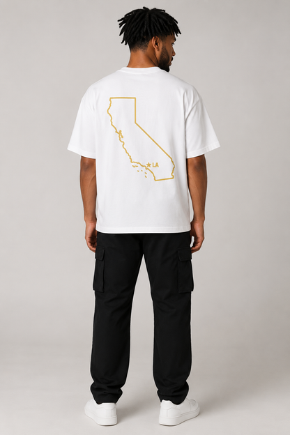 Los Angeles 1781 Heritage 240 GSM Heavyweight Boxy T-Shirt, White back-view full-body men’s studio model photo, Los Angeles | City 2 City Wear