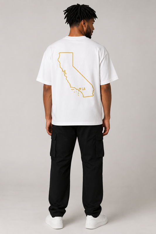 Los Angeles 1781 Heritage 240 GSM Heavyweight Boxy T-Shirt, White back-view full-body men’s studio model photo, Los Angeles | City 2 City Wear