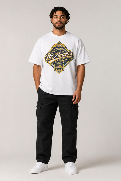 Los Angeles 1781 Heritage 240 GSM Heavyweight Boxy T-Shirt, White front-view full-body men’s studio model photo, Los Angeles | City 2 City Wear